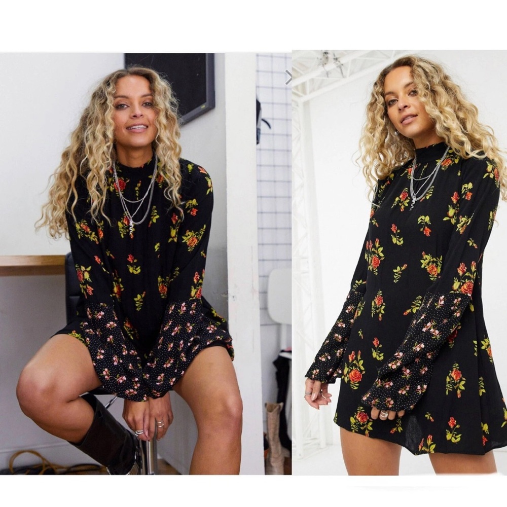 Free People Black Floral Long Sleeve Dress